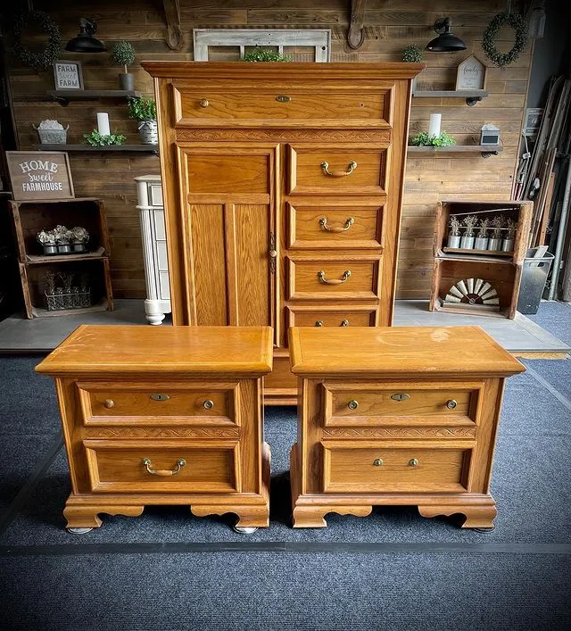 Wooden furniture set with a rustic brown paint finish